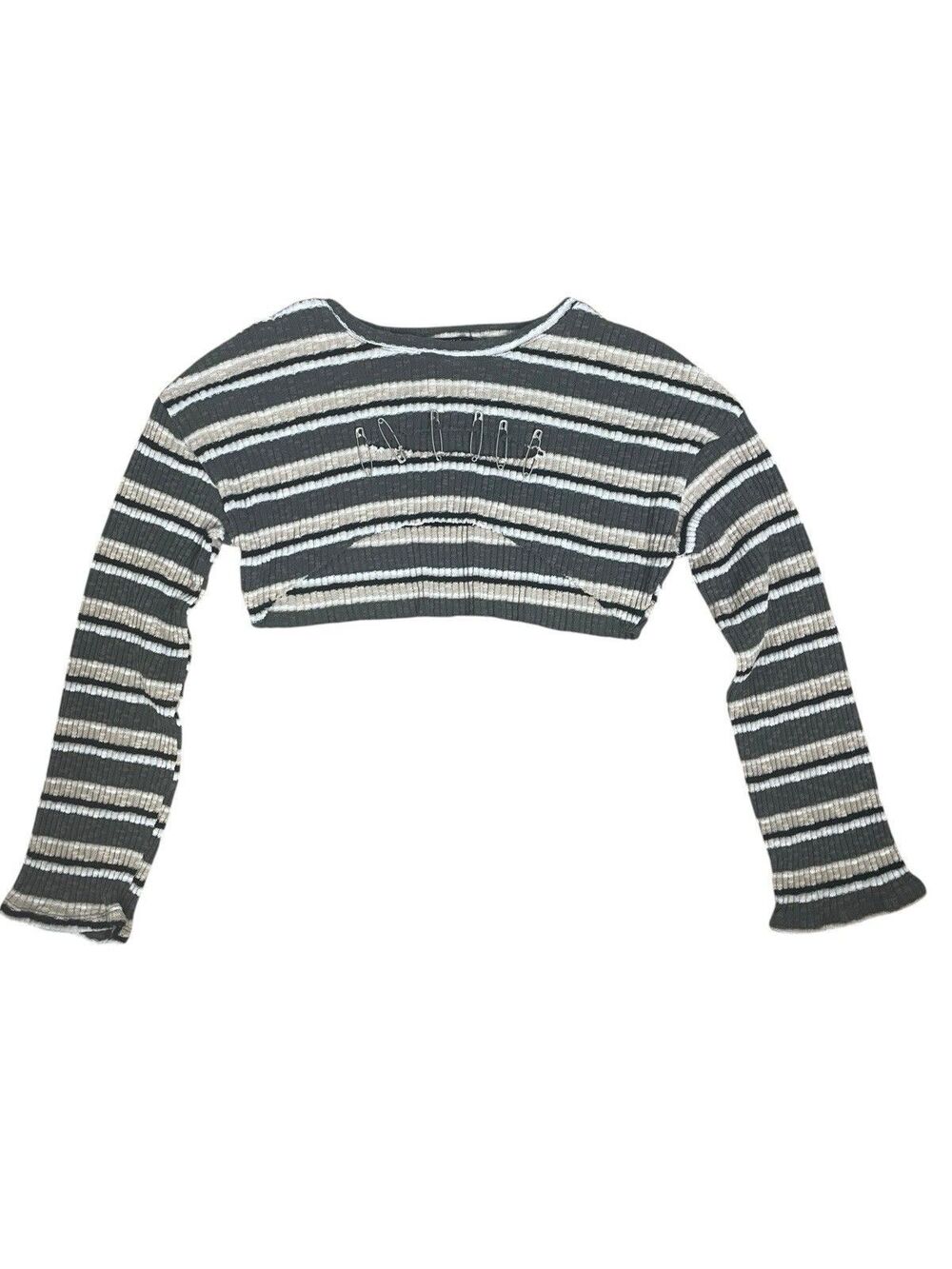 Social Collision Striped Grunge Crop Long Sleeve Top Safety Pins Size M Y2K